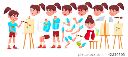 Girl Schoolgirl Kid Vector. High School Child. Animation Creation Set. Face Emotions, Gestures 42830303