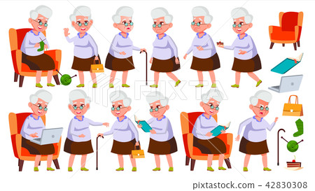 Old Woman Poses Set Vector. Elderly People. Senior Person. Aged. Friendly Grandparent. Banner, Flyer Old Woman Poses Set Vector. Elderly People. Senior Person. Aged. Friendly Grandparent. Banner, Flyer 42830308