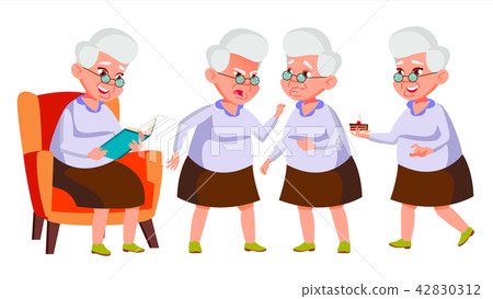 Old Woman Poses Set Vector. Elderly People. Senior Person. Aged. Beautiful Retiree. Life. Card Old Woman Poses Set Vector. Elderly People. Senior Person. Aged. Beautiful Retiree. Life. Card 42830312