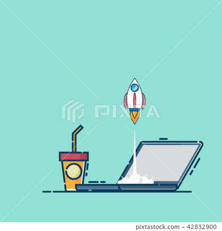 business startup concept rocket launch from laptop - Stock Illustration ...
