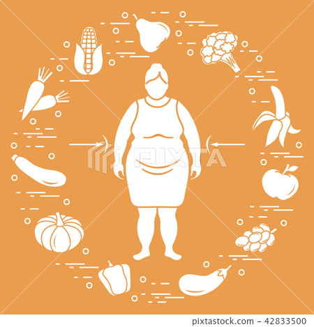 Fat woman with healthy food around her Healthy 42833500