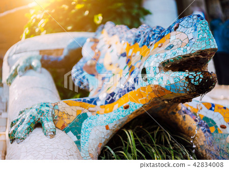 Multicolored Mosaic Salamander El Drac, Park Guell, Barcelona, Catalonia, Spain, Europe Multicolored Mosaic Salamander El Drac, Park Guell, Barcelona, Catalonia, Spain, Europe 42834008