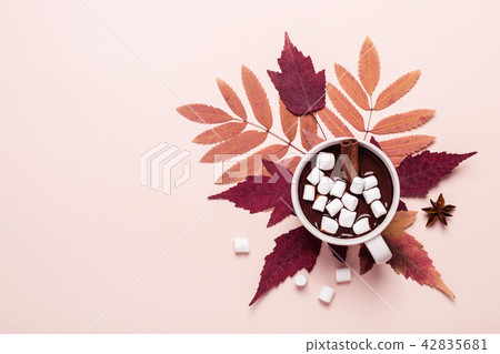 Thick hot chocolate cup with marshmallow. 42835681