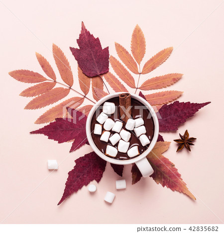 Thick hot chocolate cup with marshmallow. 42835682