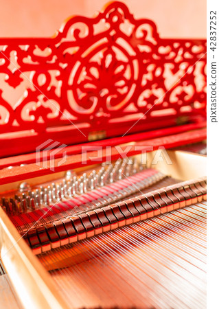 Strings inside a red grand piano. Piano playing, dampers, felt hammers, bronze strings and metal 42837252