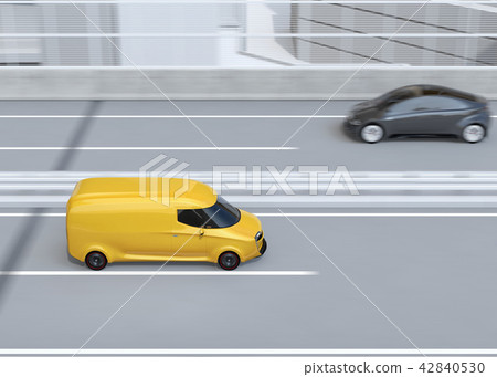 Yellow automatic driving electric home delivery car running on expressway. Copy space on car body 42840530