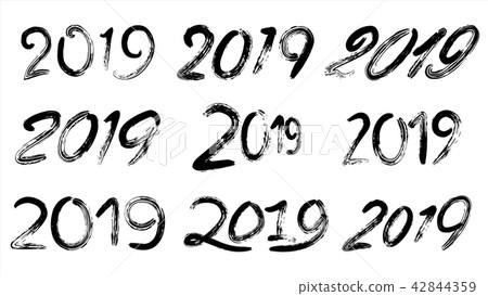 2019 Sign Set Vector. Grunge Calligraphy. Happy New Year. Vintage Brush Lettering. Flyer, Poster 42844359