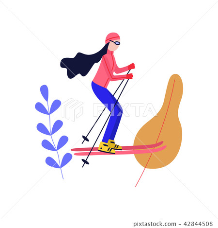 Flat girl goggles skiing outdoors in winter 42844508
