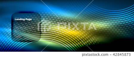 Neon glowing techno lines, hi-tech futuristic abstract background template with circles, landing 42845873