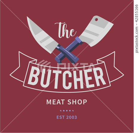 Logo of Butcher meat shop with Cleaver and Chefs knives, text the Butcher, Meat shop. Logo template 42855166