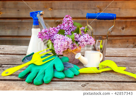 Gardening Tools on wooden background Gardening Tools on wooden background 42857343