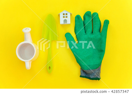 Flat Lay with gardening tools on yellow background Flat Lay with gardening tools on yellow background 42857347