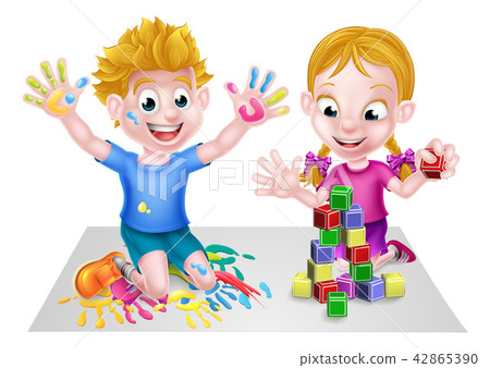 Cartoon Boy and Girl Playing With Blocks and Paint 42865390