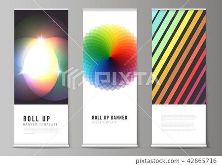 The vector illustration of the editable layout of roll up banner stands, vertical flyers, flags The vector illustration of the editable layout of roll up banner stands, vertical flyers, flags 42865716