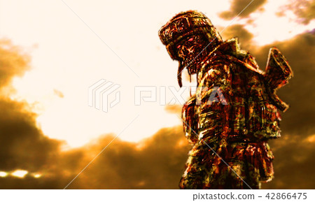 Sinister zombie soldier on burning background. Sinister zombie soldier on burning background. 42866475