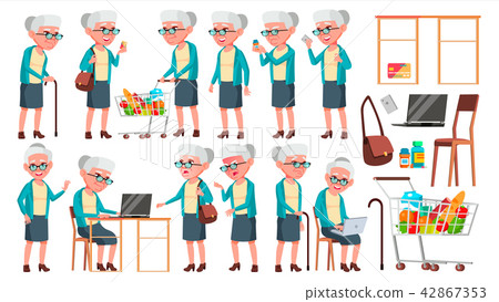 Old Woman Poses Set Vector. Elderly People. Senior Person. Aged. Cute Retiree. Activity 42867353