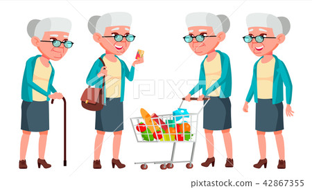 Old Woman Poses Set Vector. Elderly People. Senior Person. Aged. Positive Pensioner. Advertising 42867355