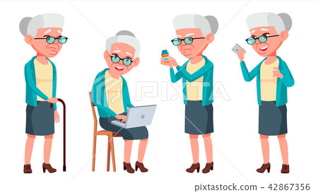 Old Woman Poses Set Vector. Elderly People. Senior Person. Aged. Caucasian Retiree. Smile. Web 42867356