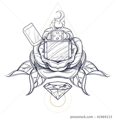Hand drawn vintage lighter with roses and diamond. Hand drawn vintage lighter with roses and diamond. 42869115
