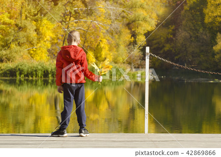 Boy in red jacket standing on the dock Boy in red jacket standing on the dock 42869866