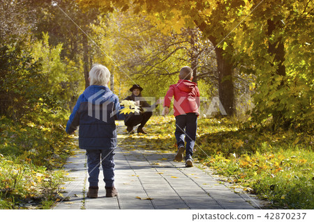 Boys running towards her mother. Autumn Park 42870237
