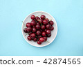 Fresh sweet cherries bowl on blue background 42874565