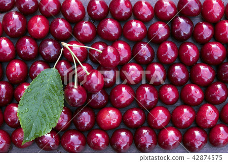 Fresh sweet cherries bowl with leaves 42874575