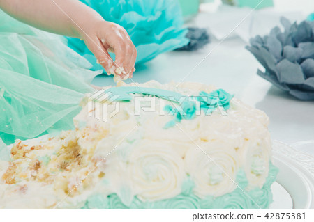 hand of baby food on white background.arm and cake 42875381