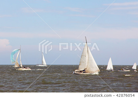 Sailing Boat Yachts at Sea on blue sky background. Sailing Boat Yachts at Sea on blue sky background. 42876054