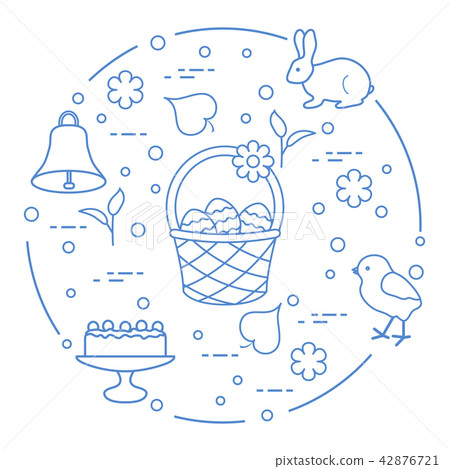 Easter Simnel cake, basket, eggs, bell, chick. Easter Simnel cake, basket, eggs, bell, chick. 42876721