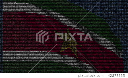 Waving flag of Suriname made of text symbols on a computer screen. Conceptual 3D rendering Waving flag of Suriname made of text symbols on a computer screen. Conceptual 3D rendering 42877335