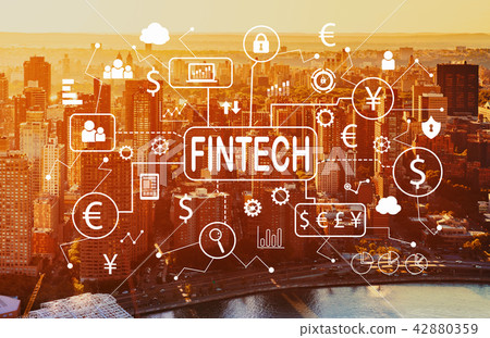 Fintech theme with aerial view of NY skyline 42880359