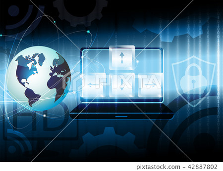 Dark blue background with outline of the globe, Internet symbols. 42887802