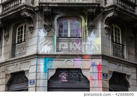 Facade of old building with colorful spots. Facade of old building with colorful spots. 42888600