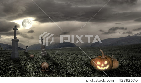 Spooky Halloween graveyard with pumpkin and moon Spooky Halloween graveyard with pumpkin and moon 42892570