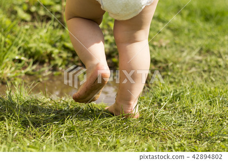 Legs of a toddler with diaper-Messy child feets on the grass Legs of a toddler with diaper-Messy child feets on the grass 42894802