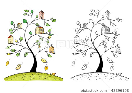 Illustration of doodle houses on tree branches Illustration of doodle houses on tree branches 42896198