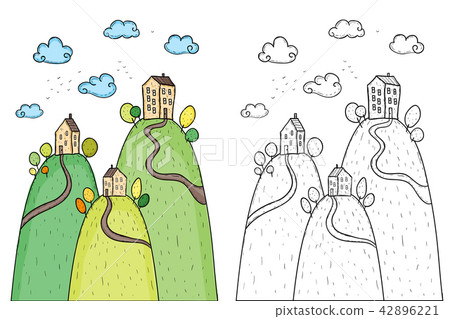 Illustration of houses with trees on hill 42896221