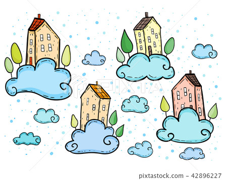 Doodle houses flying on clouds Doodle houses flying on clouds 42896227