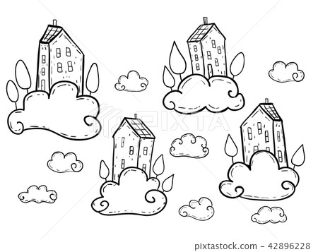 Doodle houses flying on clouds Doodle houses flying on clouds 42896228