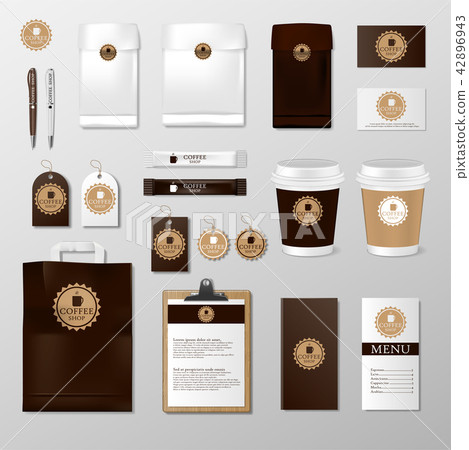 Realistic set mock up template for coffee shop or restaurant. Coffee card, menu, cup, paper pack 42896943