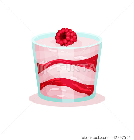 Tasty cheesecake or tiramisu in glass. Delicious raspberry dessert. Sweet food. Flat vector for cafe 42897505