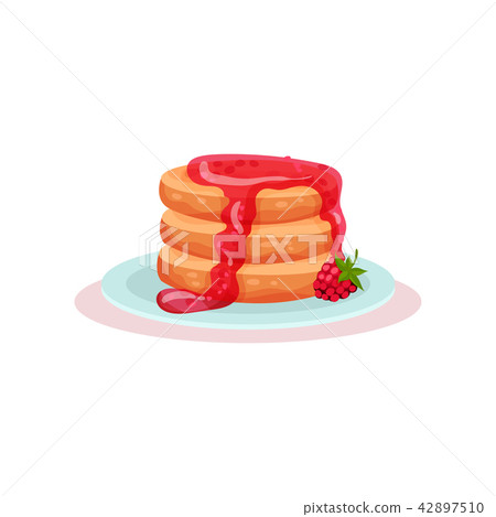 Plate of tasty pancakes with fresh raspberry jam. Delicious dessert. Sweet food. Flat vector for Plate of tasty pancakes with fresh raspberry jam. Delicious dessert. Sweet food. Flat vector for 42897510