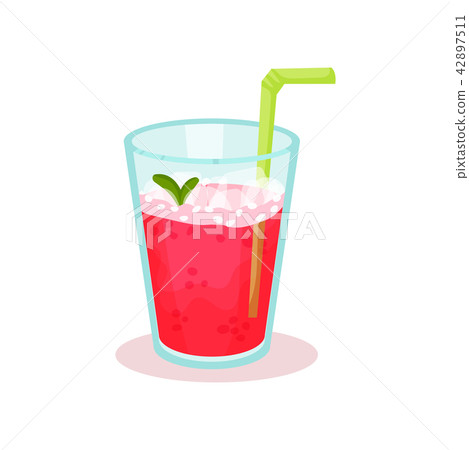 Glass of fresh raspberry cocktail with drinking straw. Fruit beverage. Tasty summer drink. Flat Glass of fresh raspberry cocktail with drinking straw. Fruit beverage. Tasty summer drink. Flat 42897511