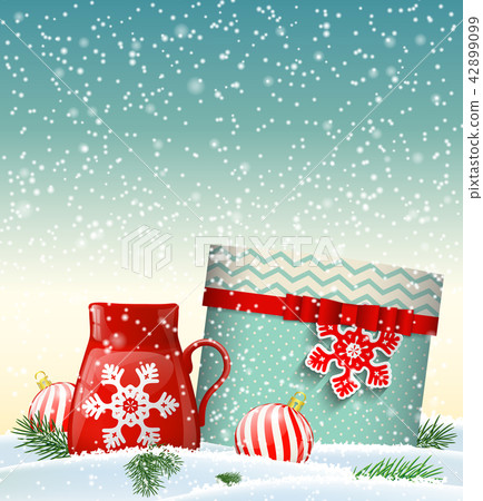 Cristmas greeting card with giftbox and red teacup 42899099