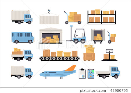 Warehouse and logistic set, shelves with goods, delivery truck, airplane, scales, cardboard boxes 42900795