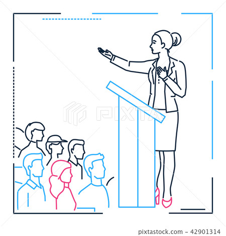 Businesswoman speaking from a platform - line design style illustration Businesswoman speaking from a platform - line design style illustration 42901314