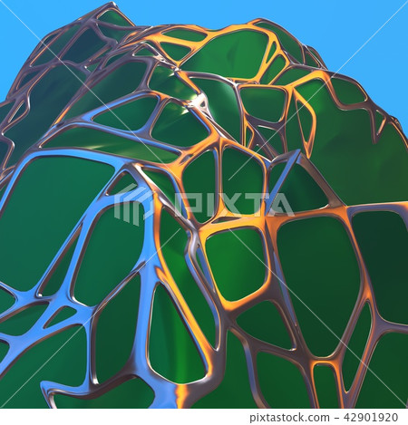 Abstract 3d rendering of chaotic green landscape structure with golden frame. Futuristic shape in 42901920