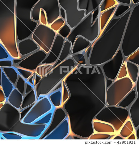 Abstract 3d rendering of chaotic black landscape structure with golden frame. Futuristic shape in Abstract 3d rendering of chaotic black landscape structure with golden frame. Futuristic shape in 42901921