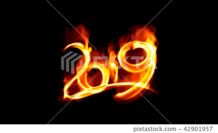 Happy new year 2019 isolated numbers lettering written with white fire flame or smoke on black Happy new year 2019 isolated numbers lettering written with white fire flame or smoke on black 42901957
